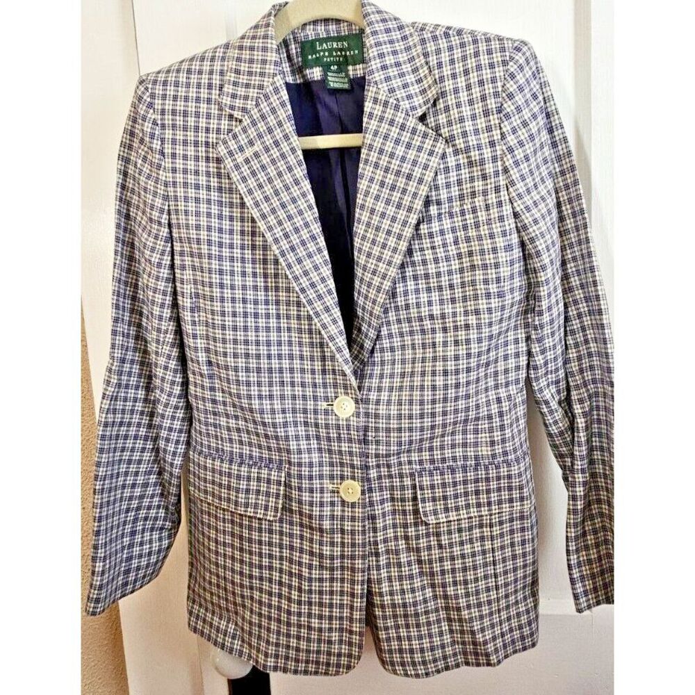 VTG LAUREN Ralph Lauren‎ plaid blazer 100% Linen petite 4P USA made